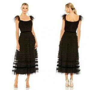NWT Max Duggal 8054 Ruffle Tiered Midi Black Dress Size 14